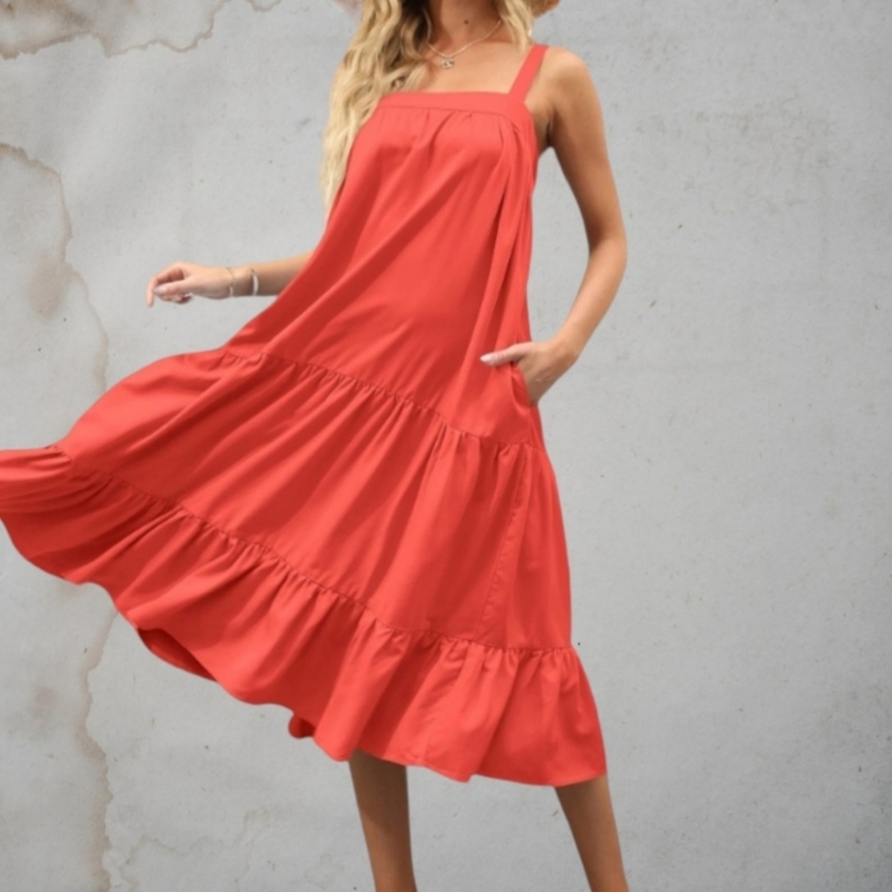 Women's Adjustable Thick Straps Sleeveless Ruffled Loose Tiered Maxi Beach Dress